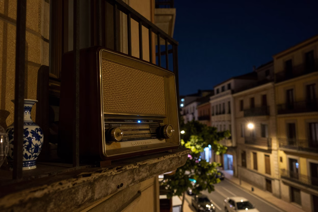 Nighttime Urban Scene in Bilbao Spain with Vintage Radio and Porcelain Plate on Balcony in in Bilbao, Spain