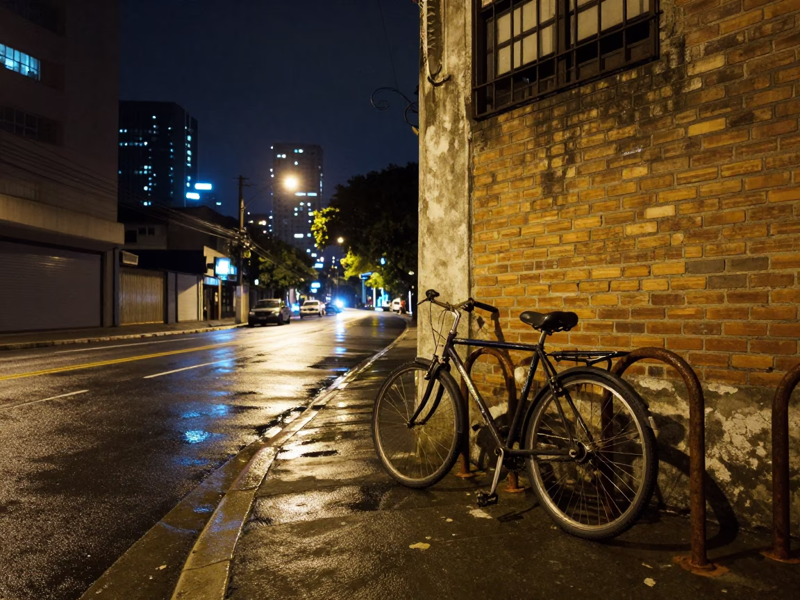 Nighttime Urban Stillness in São Paulo Street Corner with Distant City Lights in in São Paulo, Brazil
