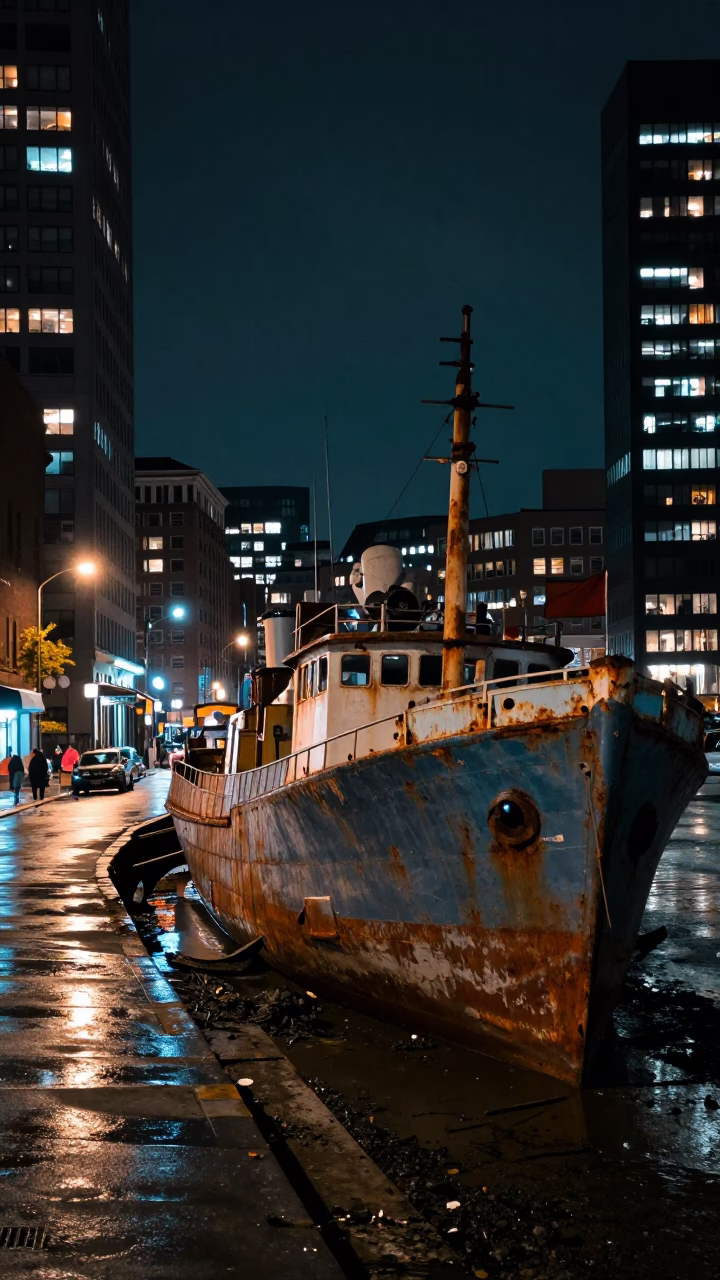 Nighttime Urban Street Scene in Boston Massachusetts with Vintage 1990s Aesthetic Elements in in Boston, Massachusetts, United States
