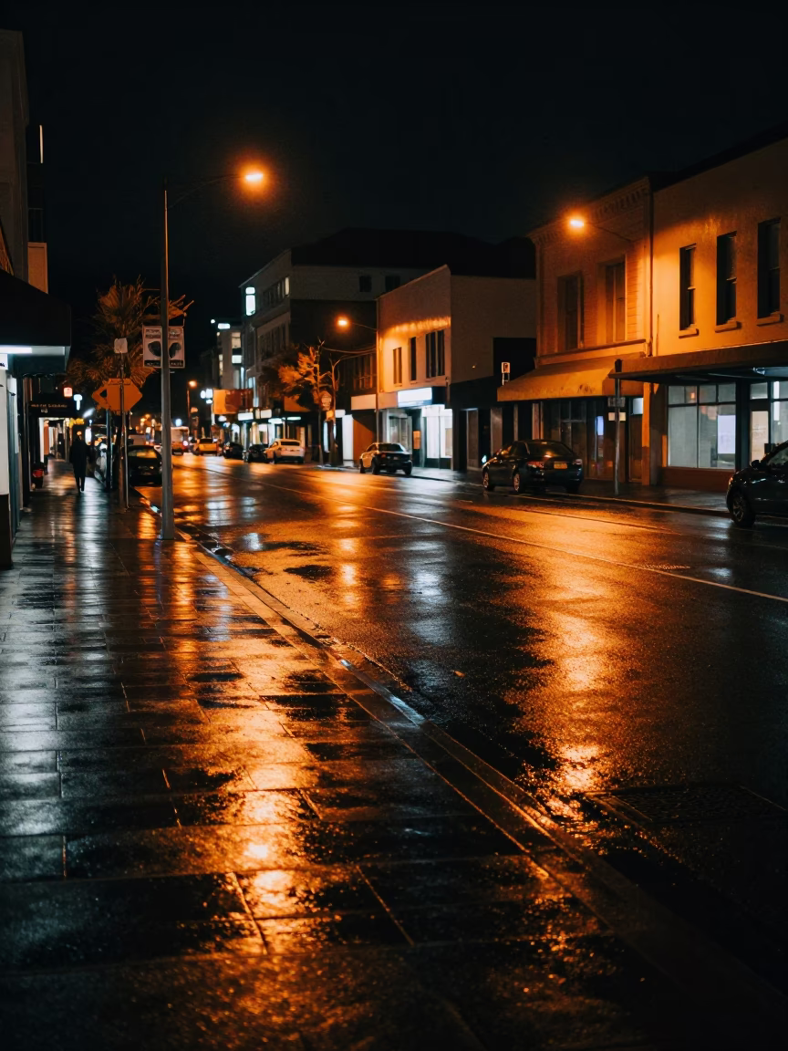 Nighttime urban street scene in Christchurch New Zealand with wet pavement and city lights in in Christchurch, New Zealand