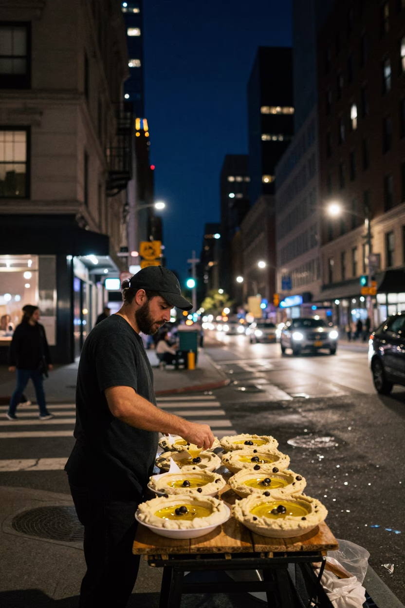 Nighttime Urban Street Scene in New York City with Log Holder and Hummus Spread in in New York, New York, United States