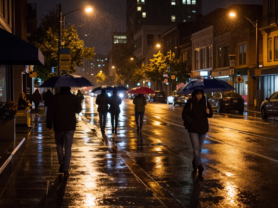 Nighttime Urban Street Scene in Portland Oregon with Umbrellas and Rain in in Portland, Oregon, United States