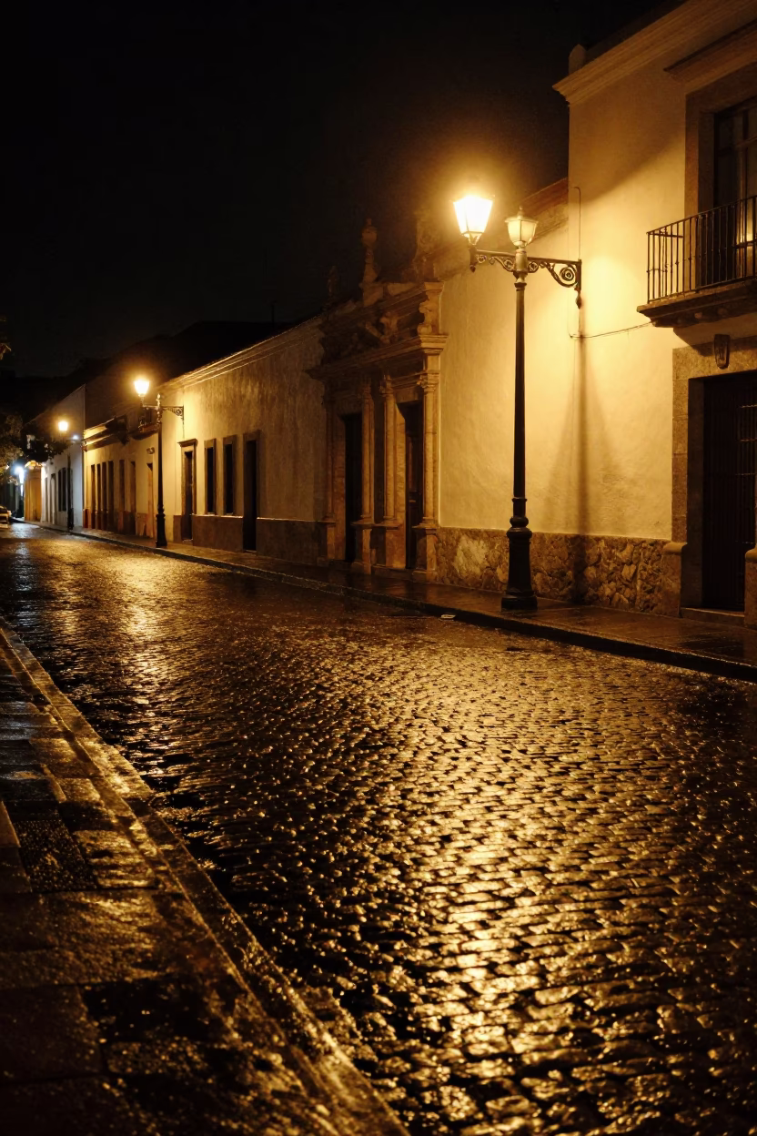 Nighttime Urban Street Scene in Quito Ecuador with Wet Cobblestones and City Lights in in Quito, Ecuador