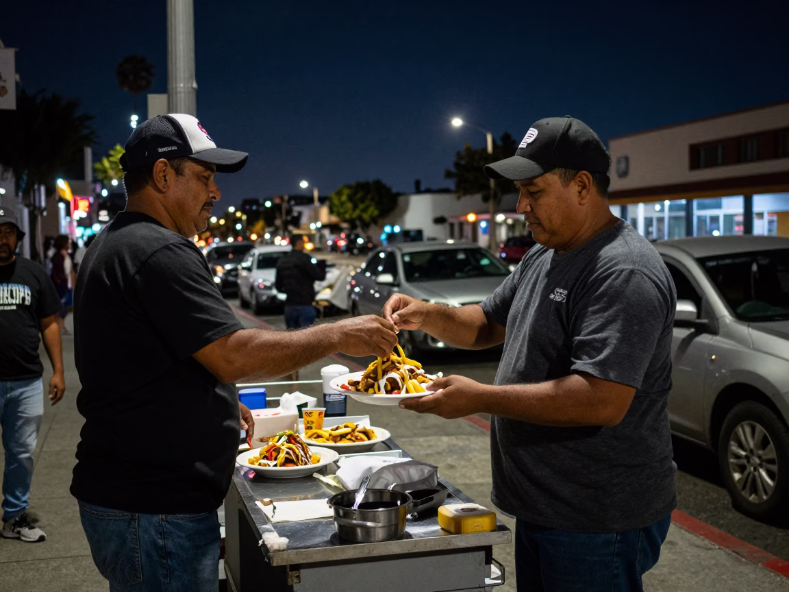 Nighttime Urban Street Scene in San Diego Featuring Local Food and City Infrastructure in in San Diego, California, United States
