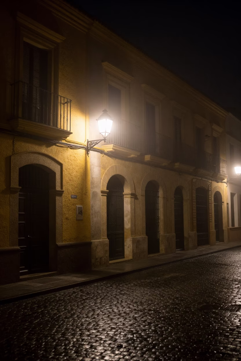 Nighttime Valencia Spain Street Scene with Lantern Glow and Foggy Atmosphere in in Valencia, Spain