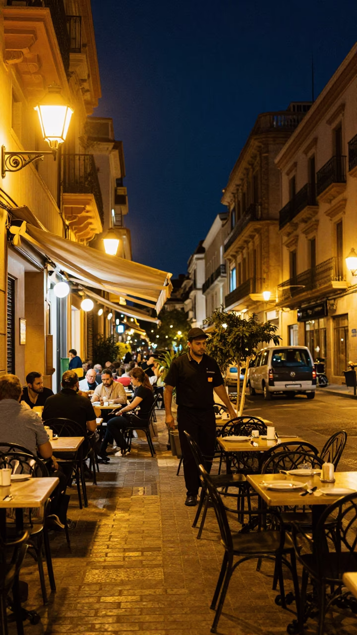 Nighttime Valencia Spain Street Scene with Plate and Bread Knife on Outdoor Cafe Table in in Valencia, Spain