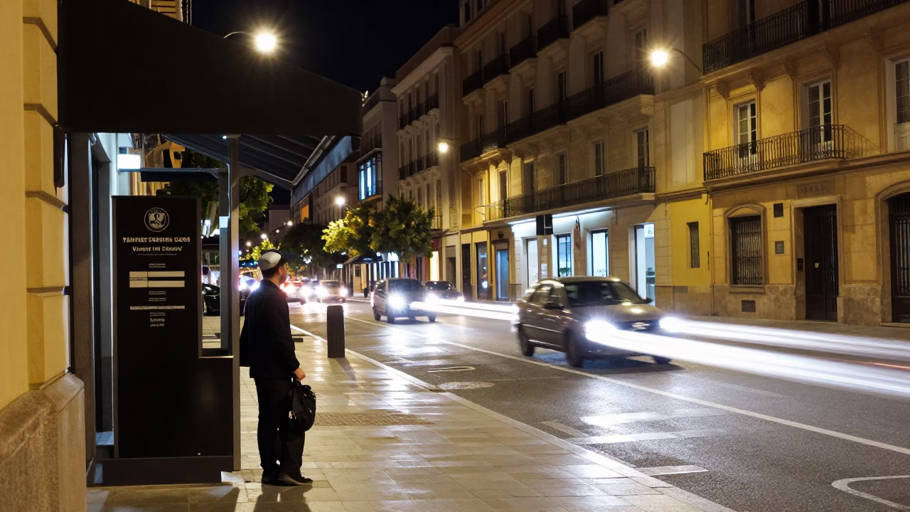 Nighttime Valencia Spain Street Scene with Valet Stand and Hotel Awning Reflections in in Valencia, Spain