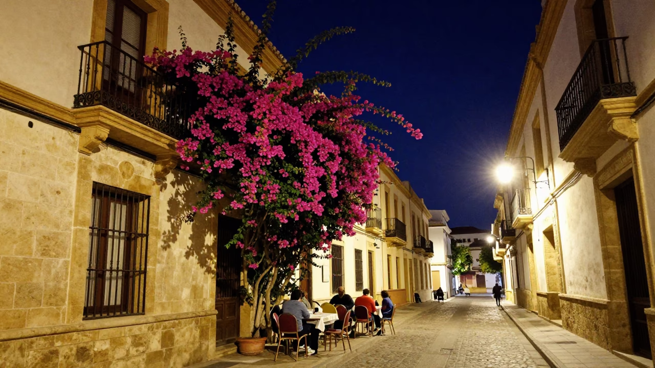 Nighttime Valencia Street Scene with Bougainvillea and Local Dining in in Valencia, Spain