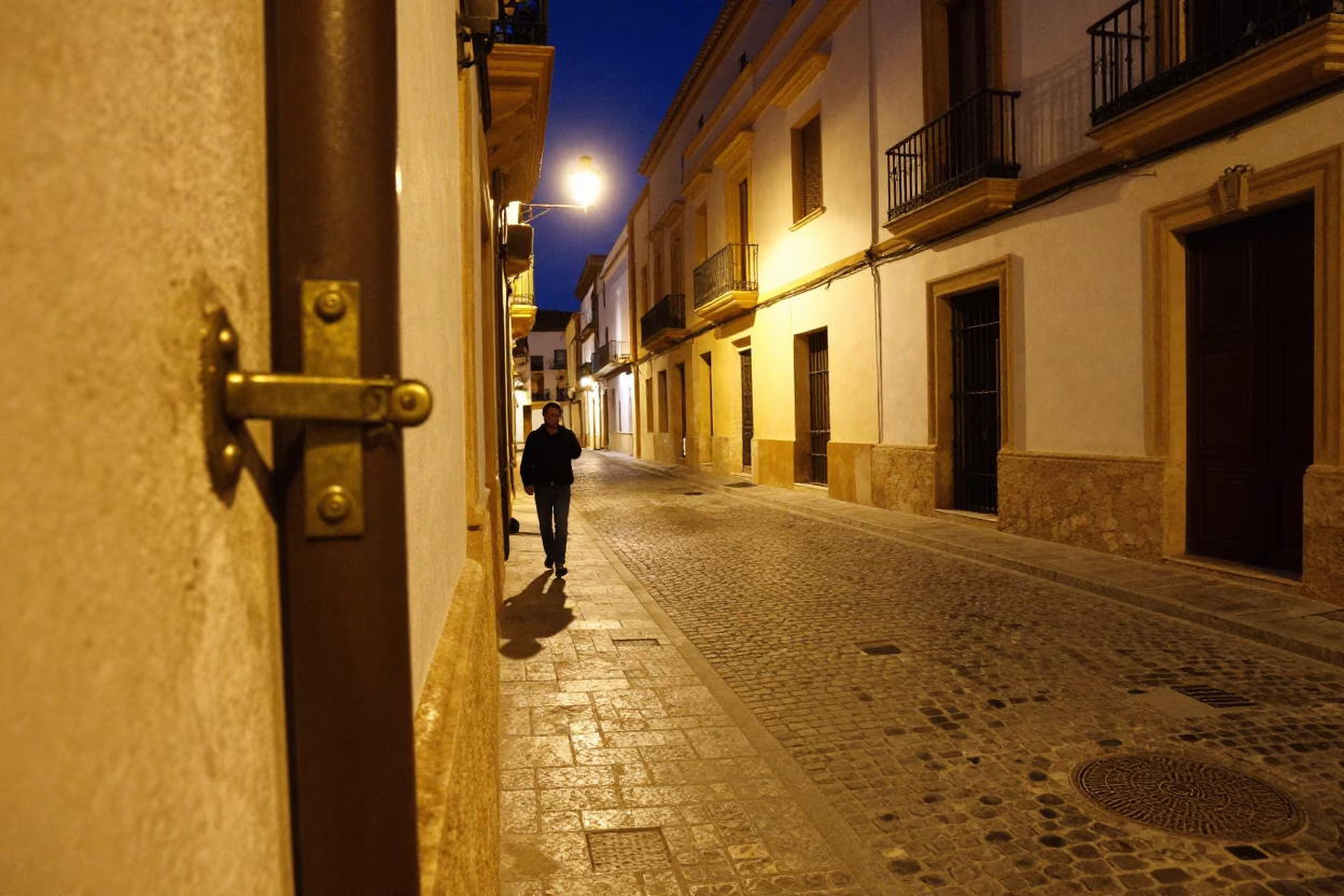 Nighttime Valencia Street Scene with Brass Latch and Local Interaction in in Valencia, Spain