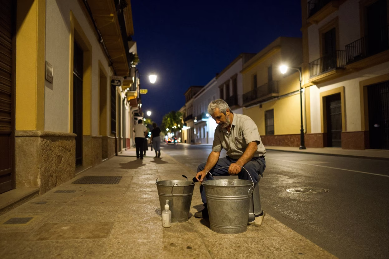 Nighttime Valencia Street Scene with Gardener and Metal Bucket Under Deep Sky in in Valencia, Spain