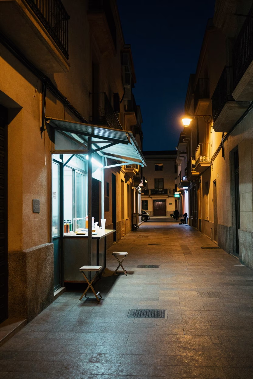 Nighttime Valencia street scene with glowing window and street vendor in in Valencia, Spain