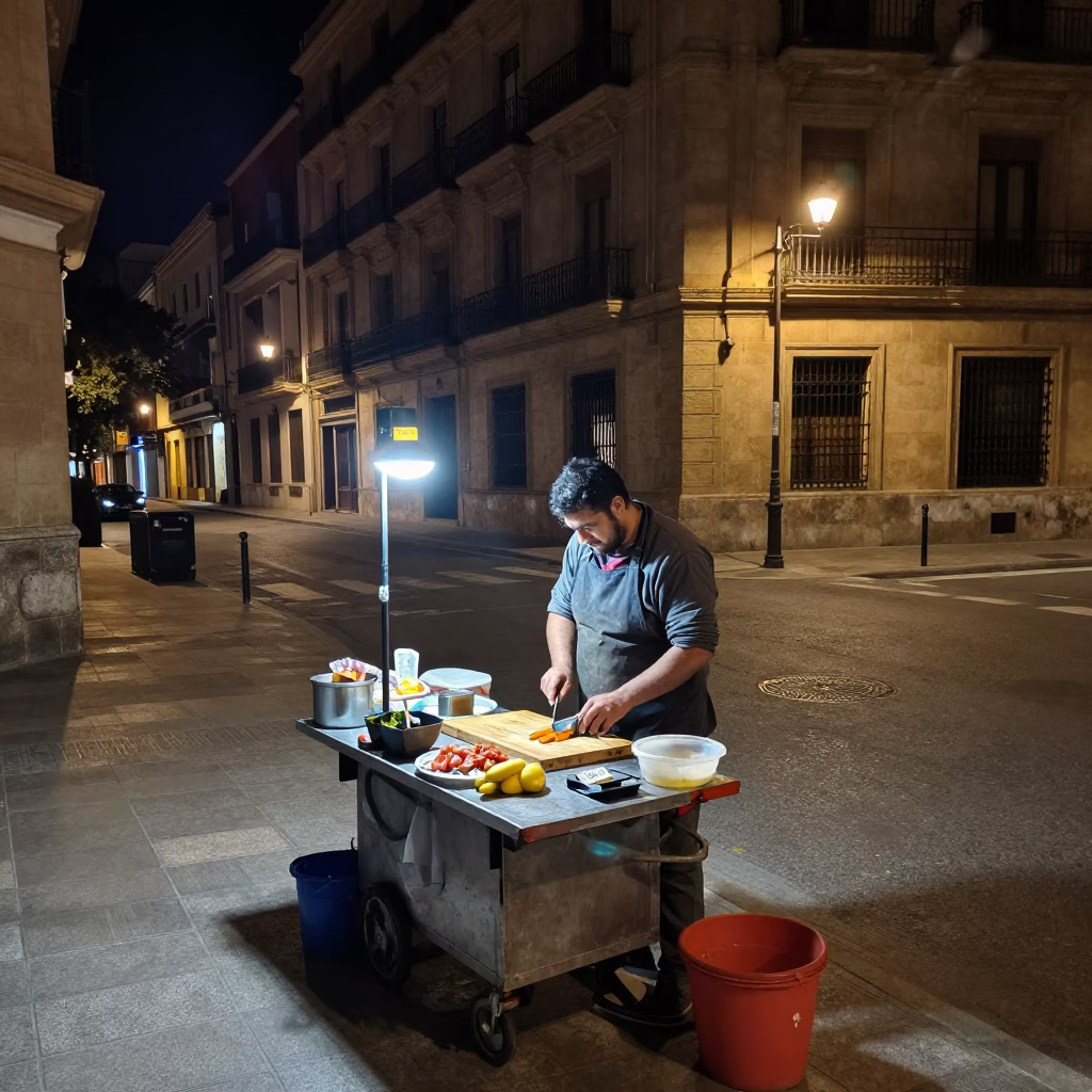 Nighttime Valencia Street Scene with Street Vendor and Urban Details in in Valencia, Spain