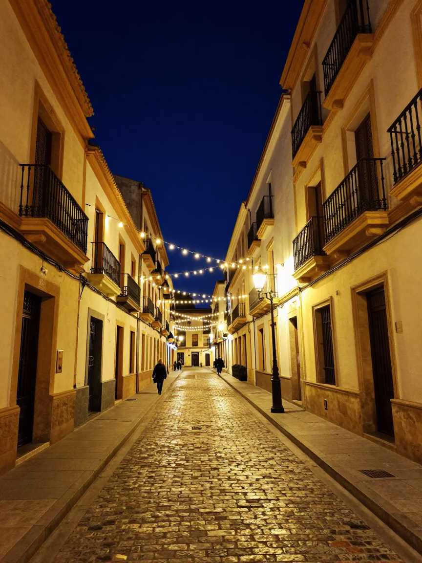Nighttime Valencia Street Scene with String Lights and Local Life in in Valencia, Spain