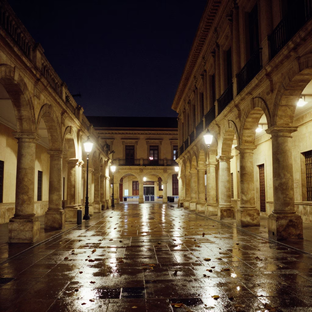Nighttime Valencia street scene with university arcade wet leaves and ceramic plate in in Valencia, Spain