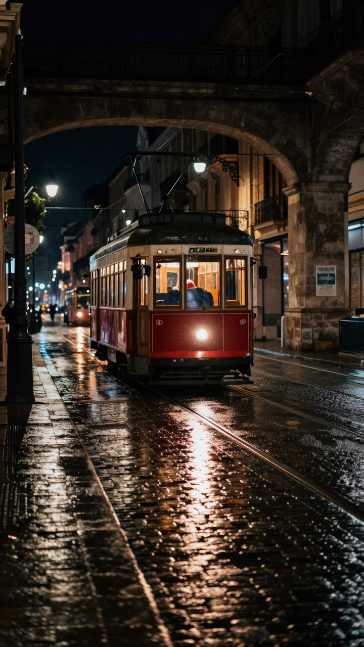 Nighttime Valencia Tram Reflection on Wet Cobblestones Under Viaduct Shadow in in Valencia, Spain