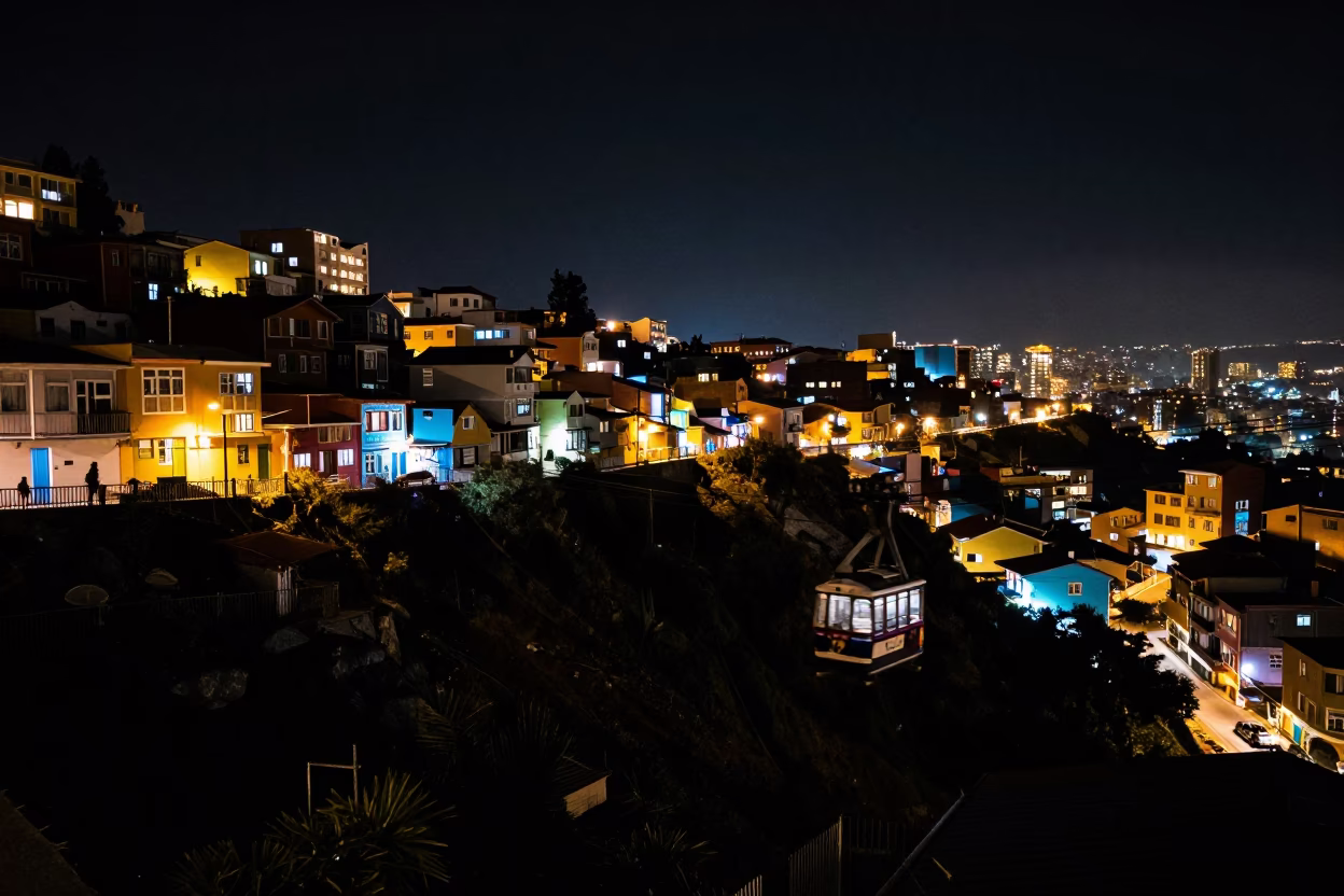 Nighttime Valparaiso Chile Cable Car Crossing Dark River Valley Under Starry Sky in in Valparaiso, Chile