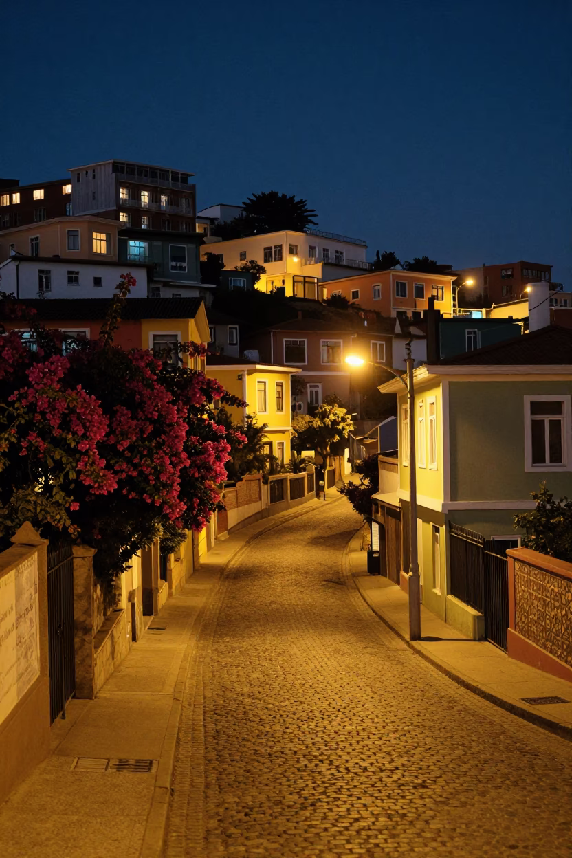 Nighttime Valparaiso Chile Street Scene with Bougainvillea and Urban Life in in Valparaiso, Chile