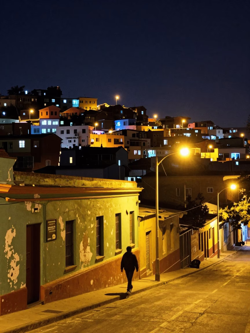 Nighttime Valparaiso Chile Street Scene with Colorful Architecture and Urban Life in in Valparaiso, Chile