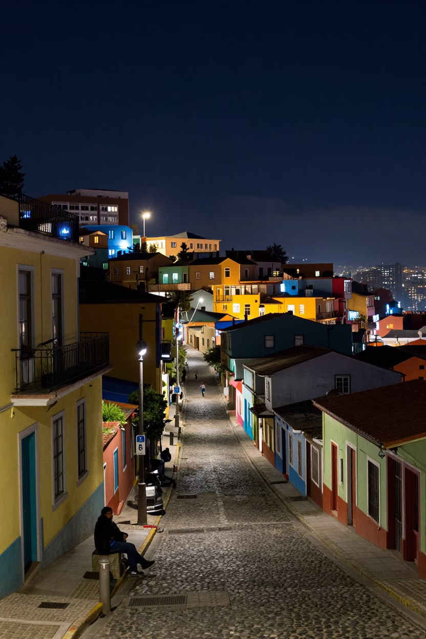 Nighttime Valparaiso Chile Street Scene with Colorful Facades and Watering Bottle in in Valparaiso, Chile