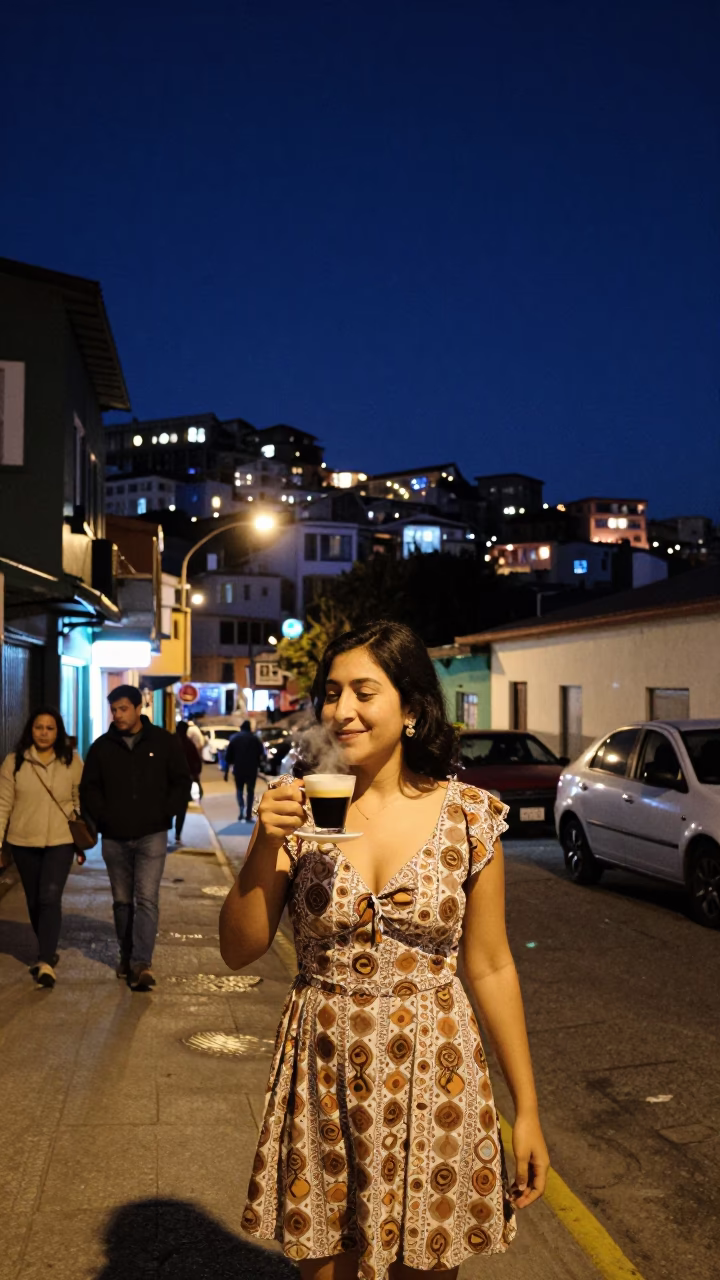 Nighttime Valparaiso Chile Street Scene with Espresso Cup and Patterned Rug in in Valparaiso, Chile
