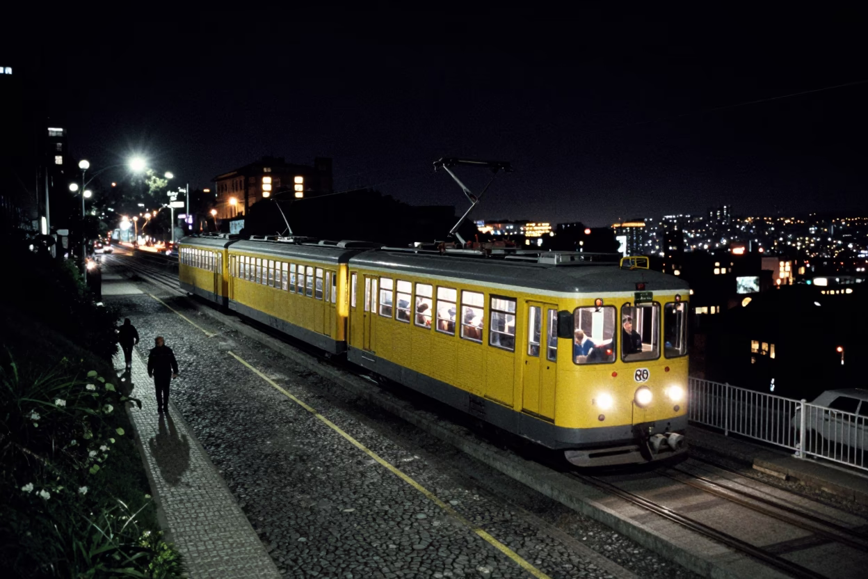 Nighttime Valparaiso Chile Street Scene with Monorail and Urban Life in in Valparaiso, Chile