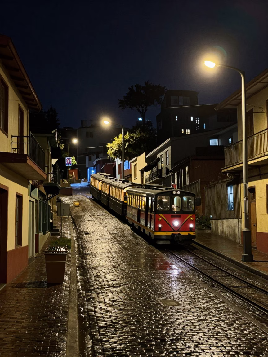 Nighttime Valparaiso Chile Street Scene with Narrow Gauge Train and Cargo Ship in in Valparaiso, Chile