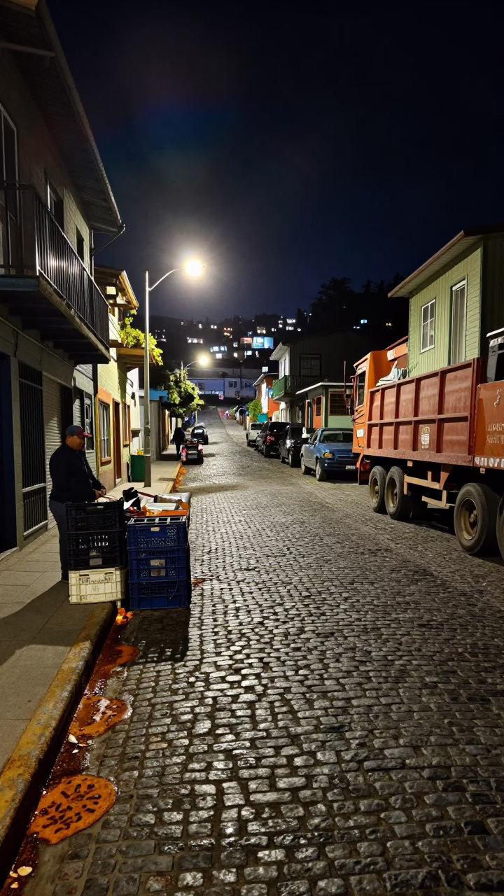 Nighttime Valparaiso Chile Street Scene with Rusty Grout and Freight Train Trestle in in Valparaiso, Chile