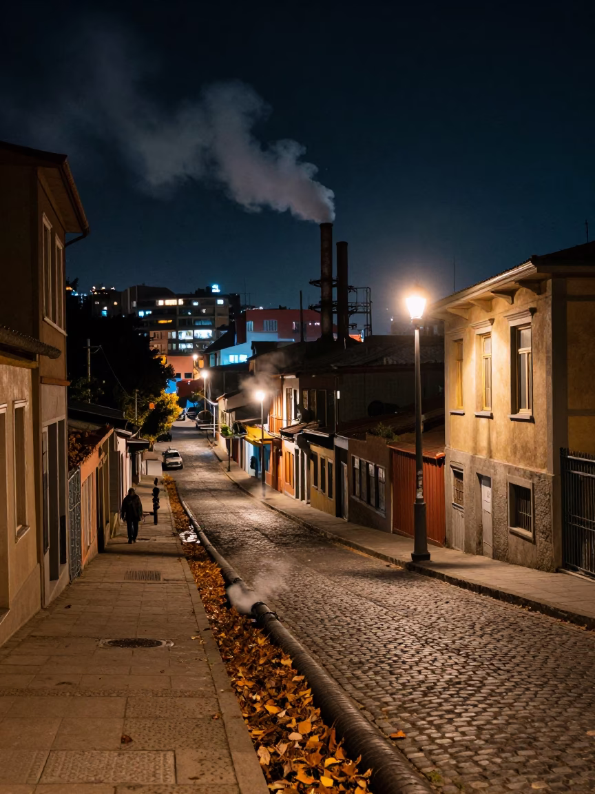 Nighttime Valparaiso Chile Street Scene with Steam Pipes and Urban Details in in Valparaiso, Chile