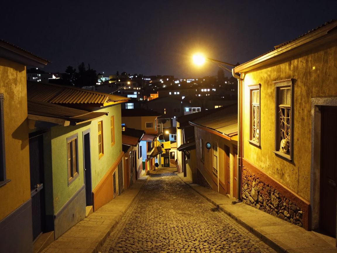 Nighttime Valparaiso Chile Street Scene with Twine Fibers on Window Glass in in Valparaiso, Chile
