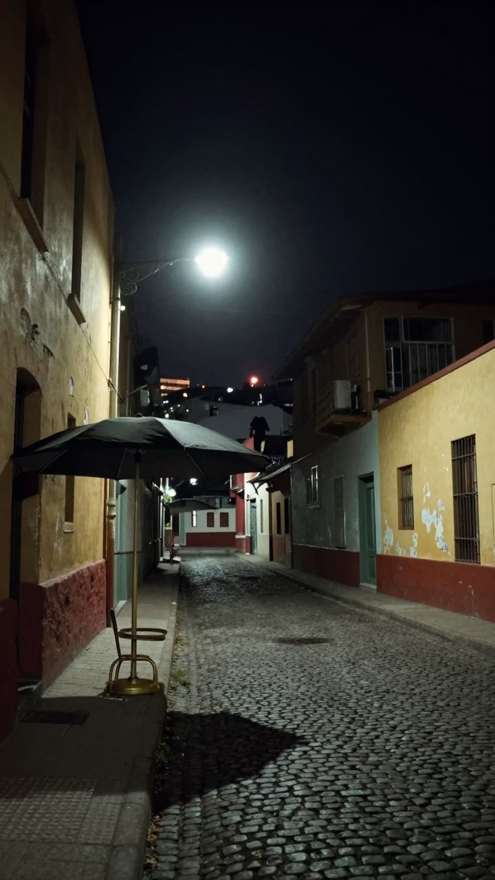 Nighttime Valparaiso Chile Street Scene with Umbrella Stand and Brass Doorknob in in Valparaiso, Chile