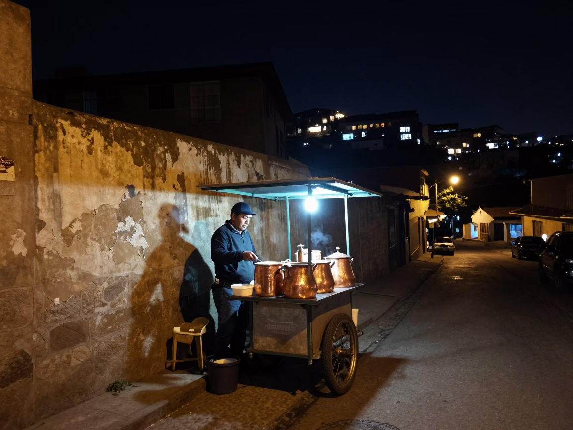 Nighttime Valparaiso Street Scene with Copper Pots and Local Life in in Valparaiso, Chile