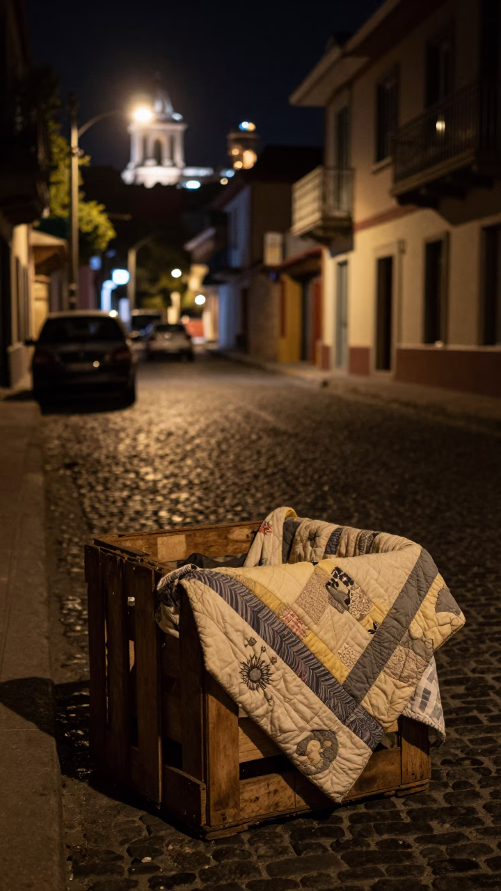 Nighttime Valparaiso Street Scene with Crate and Quilt in Chilean Urban Setting in in Valparaiso, Chile
