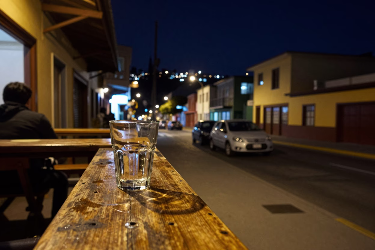 Nighttime Valparaiso Street Scene with Glass Tumbler and Wooden Counter in in Valparaiso, Chile