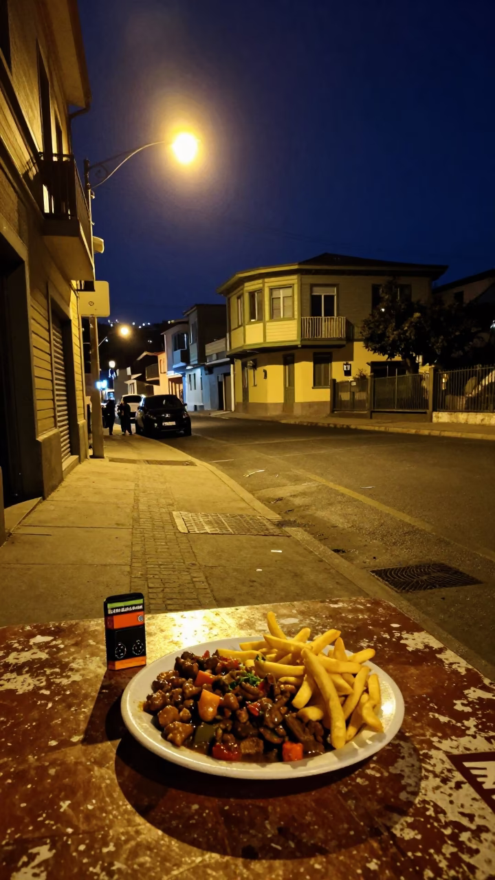 Nighttime Valparaiso Street Scene with Lomo Saltado and Metronome in in Valparaiso, Chile