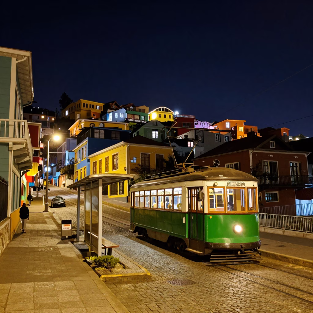 Nighttime Valparaiso Street Scene with Tram and Colorful Architecture in in Valparaiso, Chile