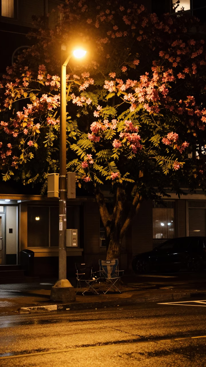 Nighttime Vancouver Street Scene with Folding Chair and Madrone Tree in in Vancouver, British Columbia, Canada