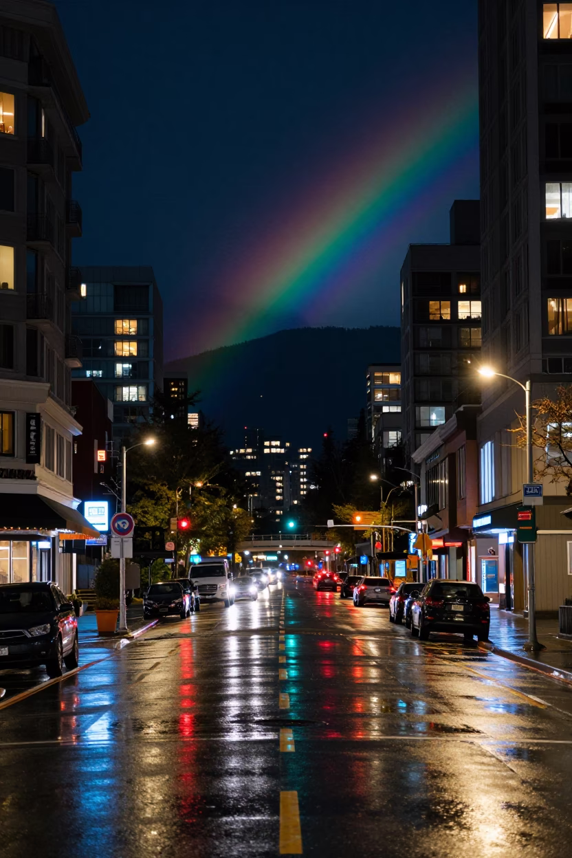 Nighttime Vancouver Street Scene with Rainbow Skyline Reflections and Urban Details in in Vancouver, British Columbia, Canada