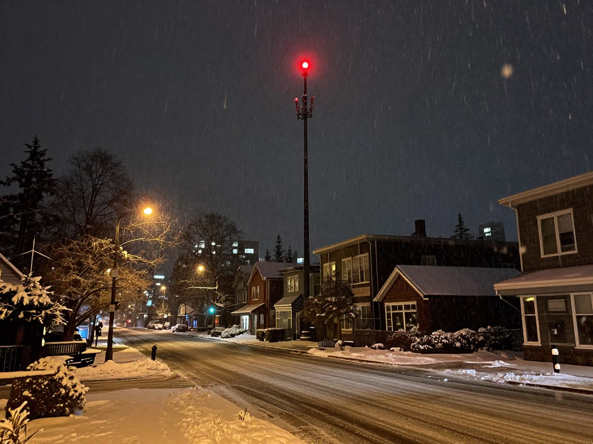 Nighttime Vancouver Street Scene with Red Beacon and Snowy Spruce Trees in in Vancouver, British Columbia, Canada
