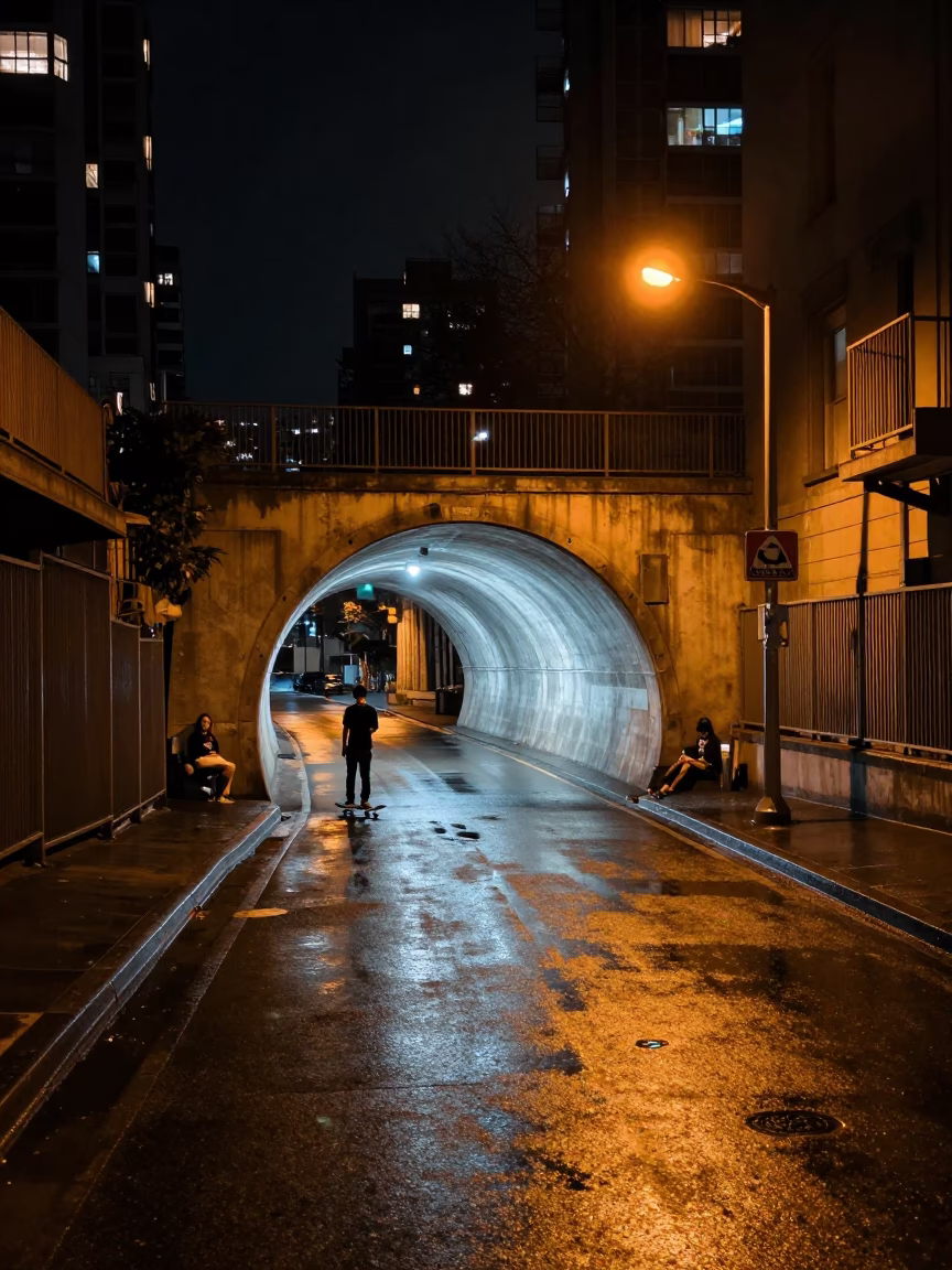 Nighttime Vancouver Street Scene with Skateboarder and Tunnel Portal Under Sodium Lights in in Vancouver, British Columbia, Canada