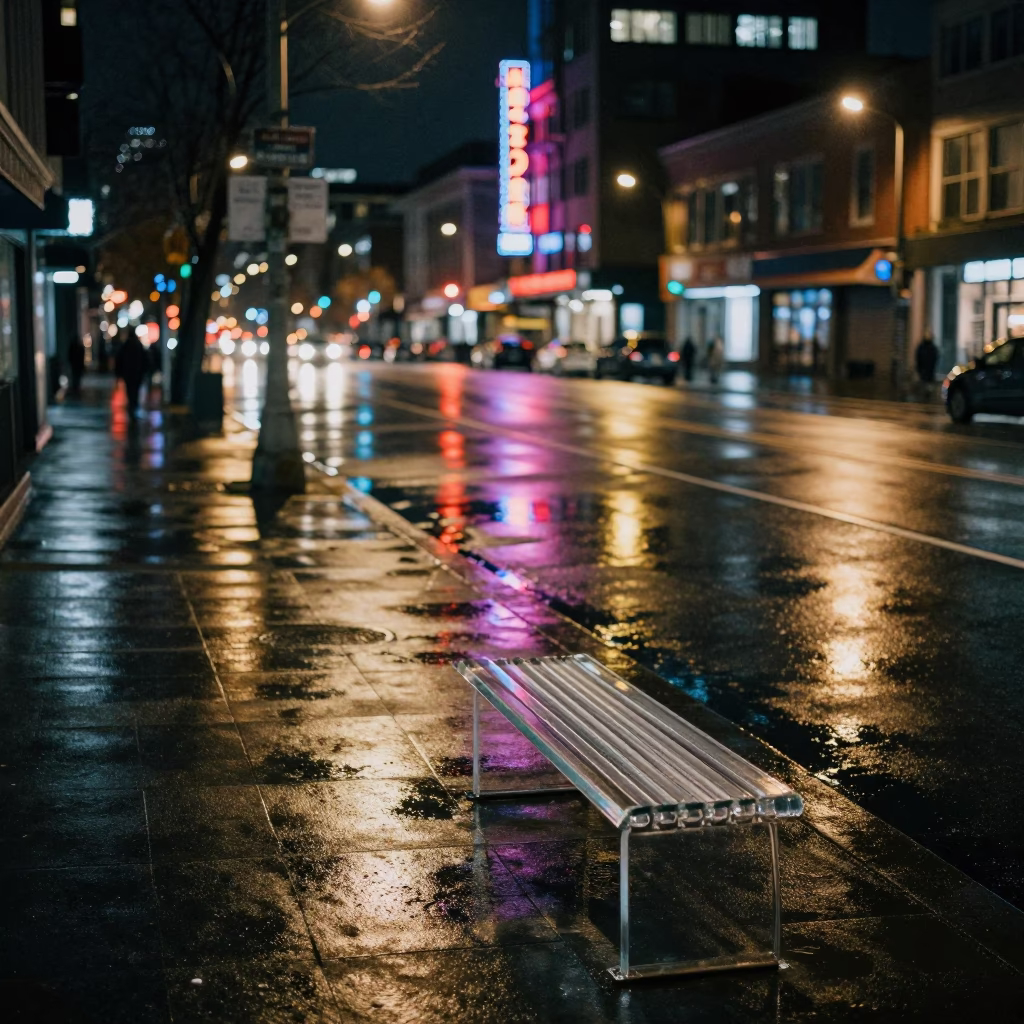 Nighttime Vancouver Street Scene with Wet Pavement and Urban Details in in Vancouver, British Columbia, Canada