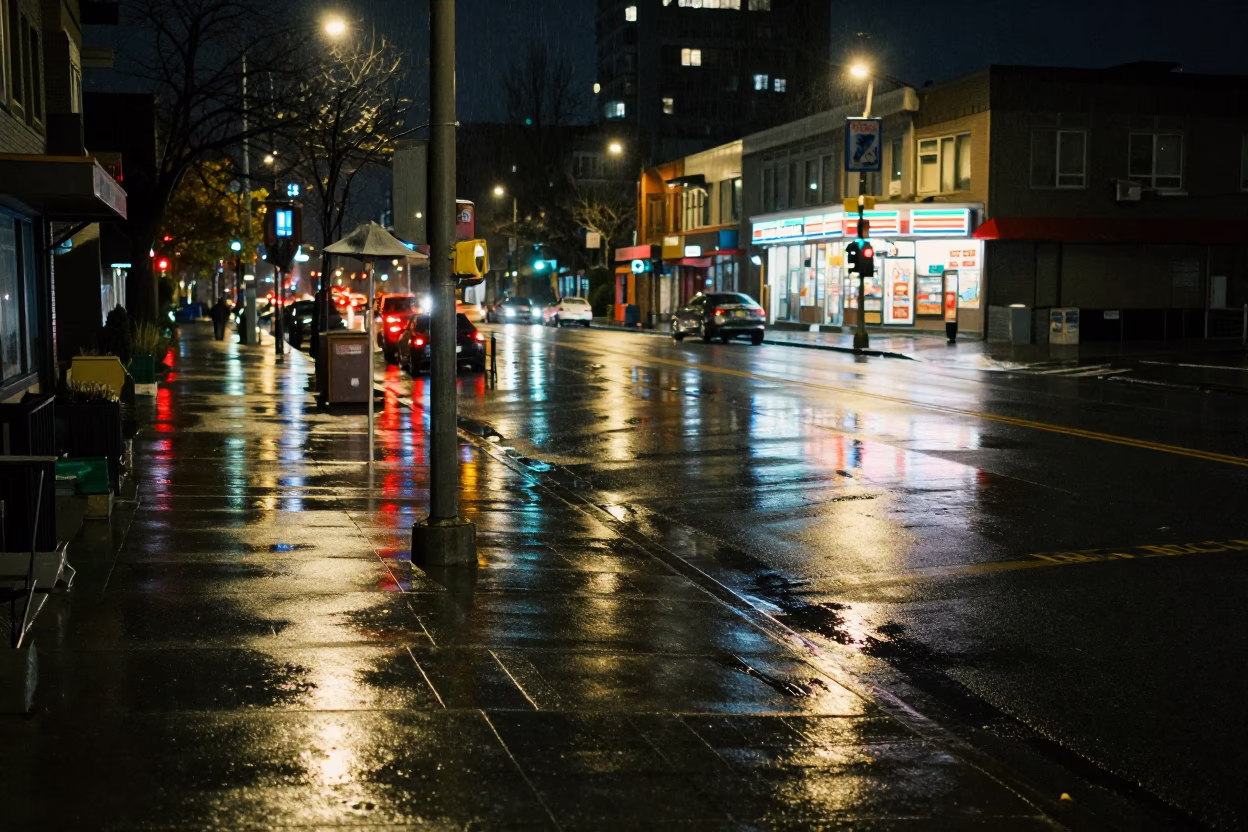 Nighttime Vancouver street scene with wet pavement reflections and urban infrastructure in in Vancouver, British Columbia, Canada