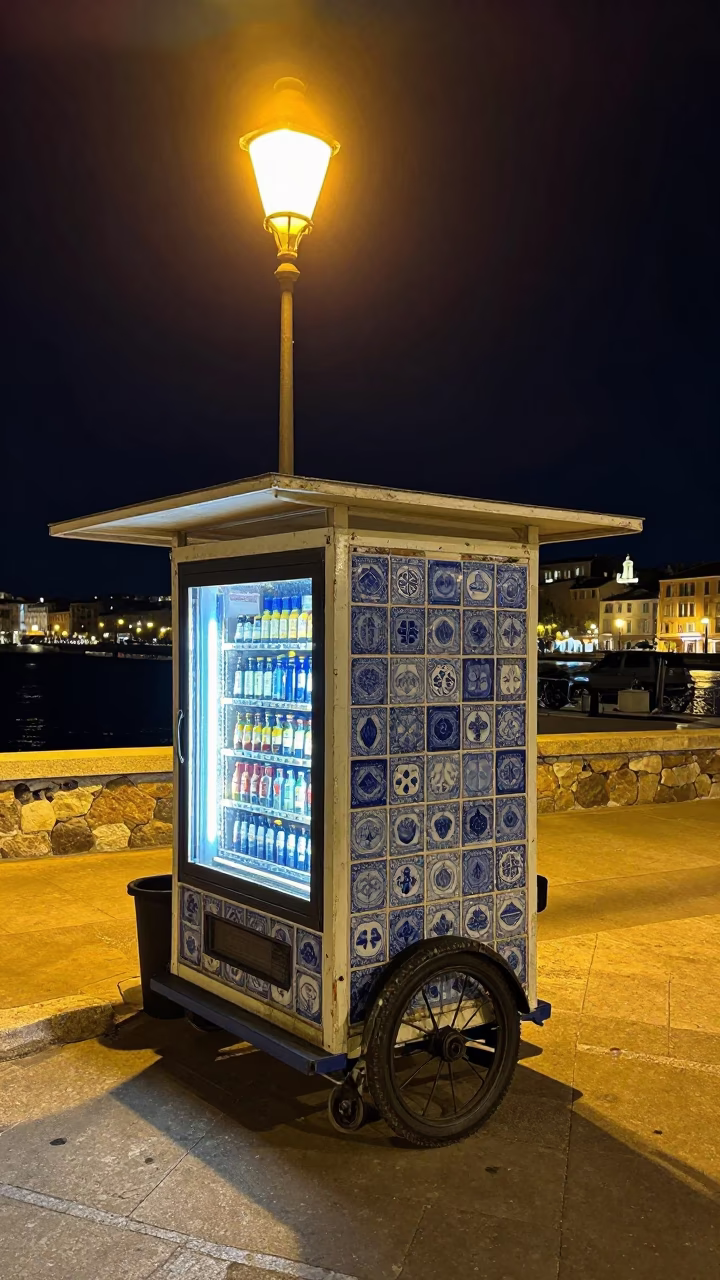 Nighttime Vending Cart Scene in Marseille Old Port With Ceramic Tiles in in Marseille, France