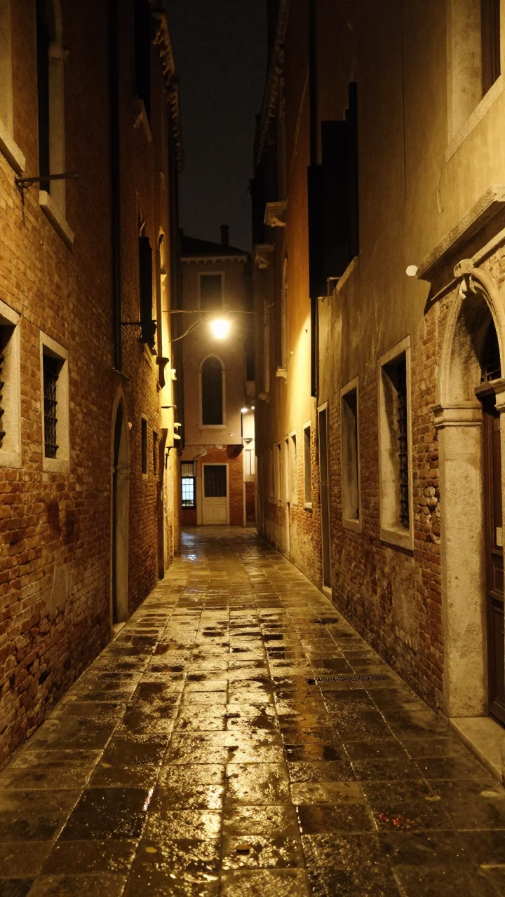 Nighttime Venetian Alley with Paint Flecks and Brushed Steel Bowl in in Venice, Italy