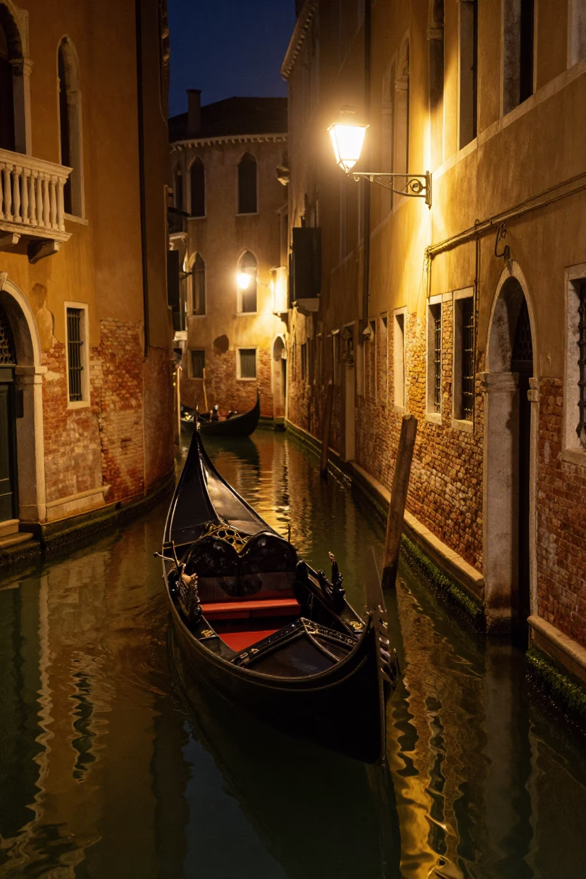 Nighttime Venetian Canal Scene with Moored Gondola and Reflections in Italy in in Venice, Italy
