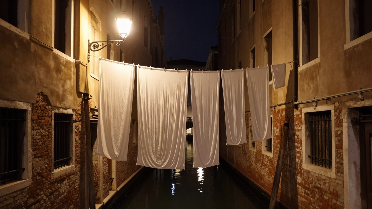 Nighttime Venetian Street Scene with Laundry and Canal Reflections in in Venice, Italy