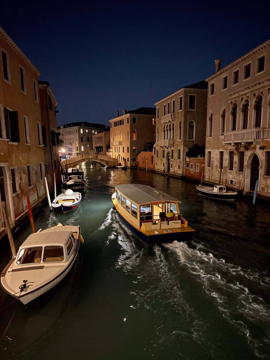 Nighttime Venice Canal Water Taxi Zigzagging Past Houseboats with Leaf Shadows in in Venice, Italy