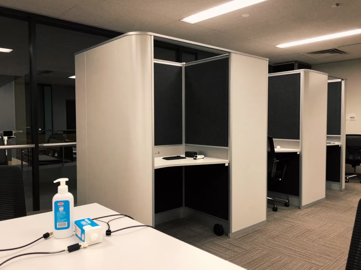 Nighttime Video Call Booth in Naha Office in inside an open-plan office bay in Naha