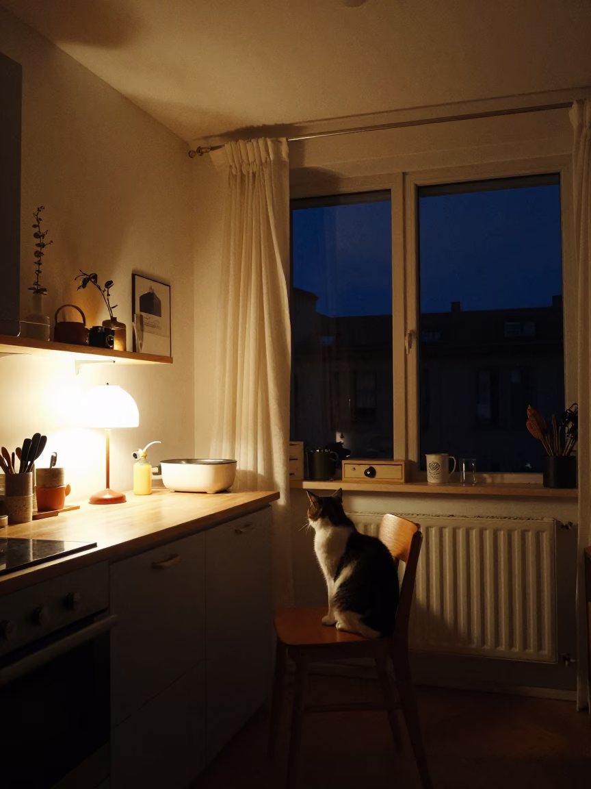 Nighttime Vienna Apartment Interior with Cat and Kitchen Details in in Vienna, Austria