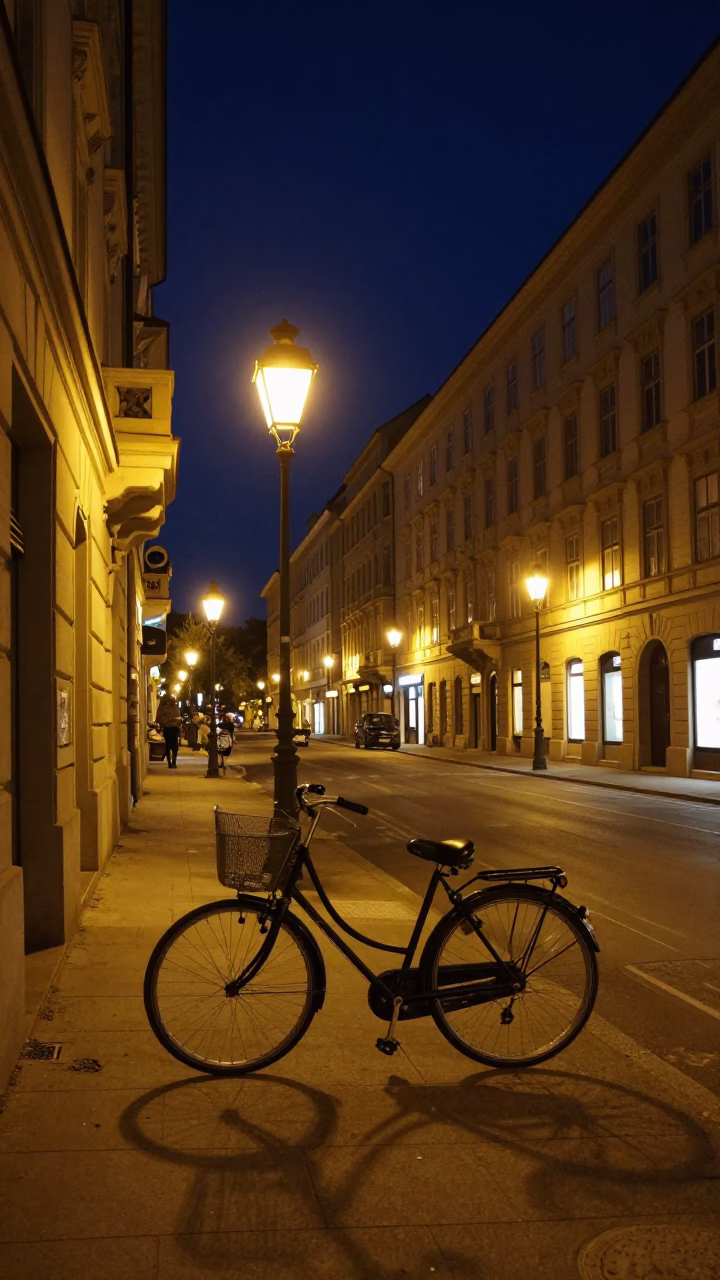 Nighttime Vienna Austria Street Scene with Classic Bicycle and Neon Reflections in in Vienna, Austria