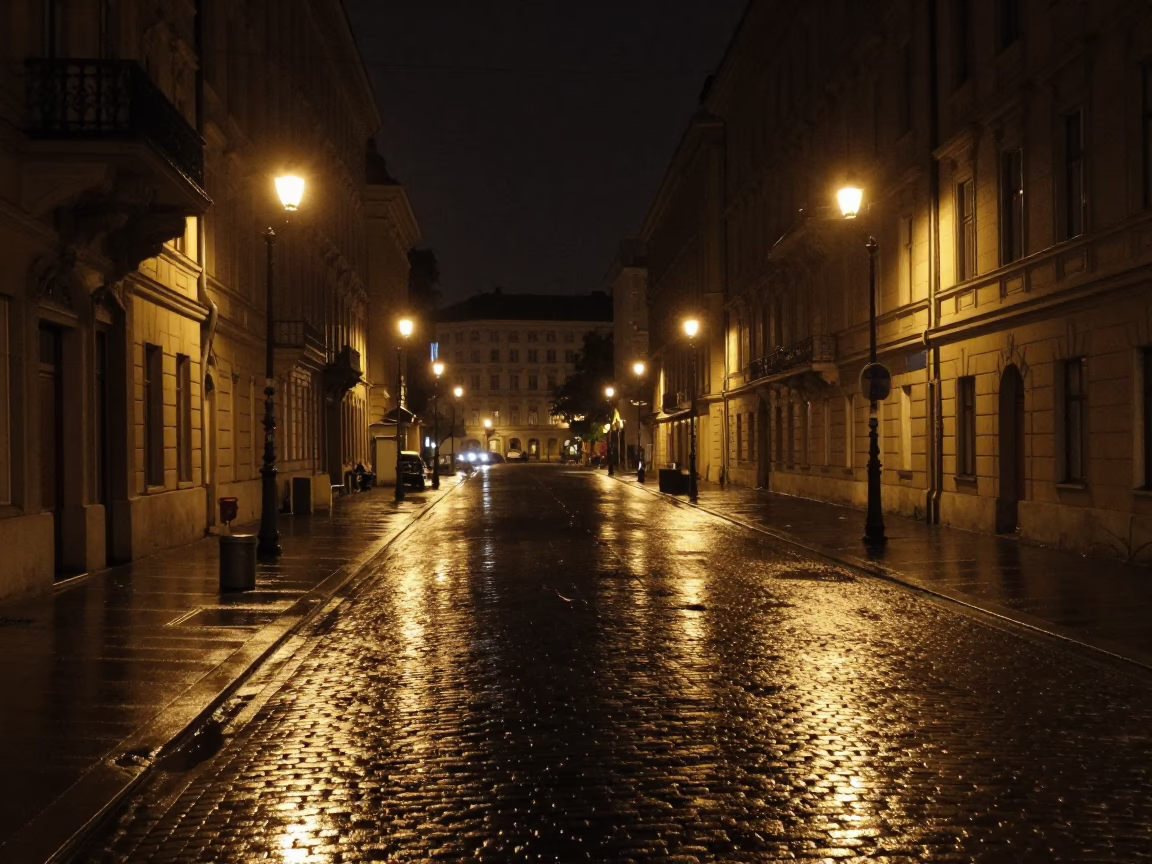Nighttime Vienna Austria Street Scene with Wet Cobblestones and Distant City Lights in in Vienna, Austria